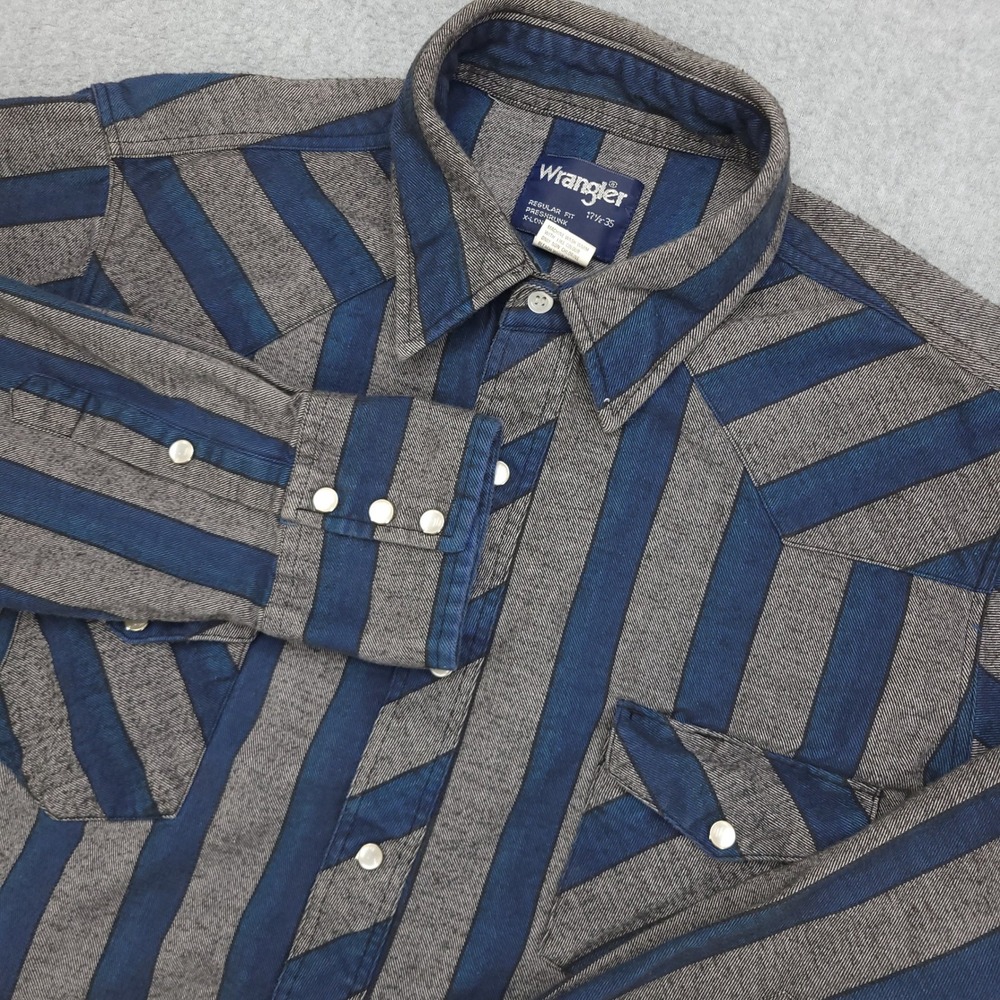 Wrangler Pearl Snap flannel Shirt Men's 17.5-35 X-Long Tails Men's Blue Gray
